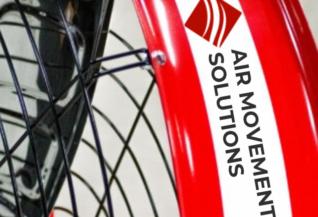 Close up of the Air Movement Solutions logo on a fan.